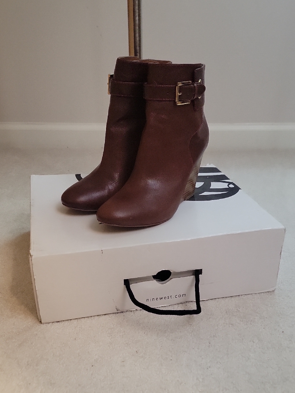 Nine West Dark Brown Leather Wedge Ankle Boots with Buckle